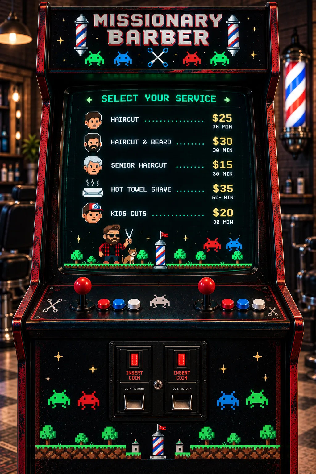 Missionary Barber arcade service menu: Haircut $25, Haircut and Beard $30, Senior Haircut $15, Hot Towel Shave $35 for 60+ minutes, Kids Cuts $20. All other services removed.